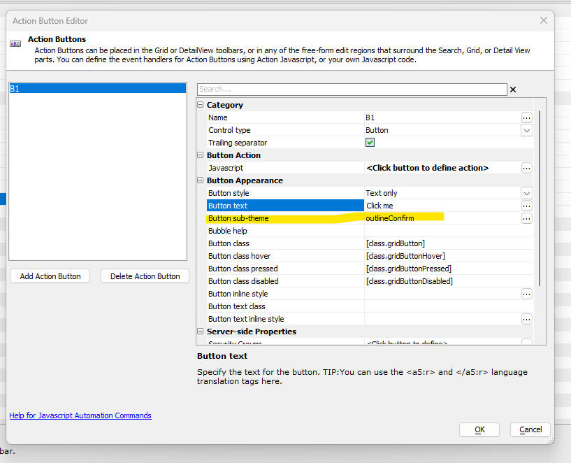 Setting the Button sub-theme property for an Action Button.